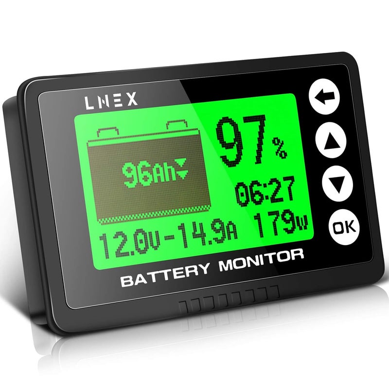 LNEX Portable Battery Monitor with Shunt, 500A Automotive Car Battery Monitor for RV 10V-120V, with High and Low Voltage Programmable Alarm and 26ft Shielded Wire - Image 1